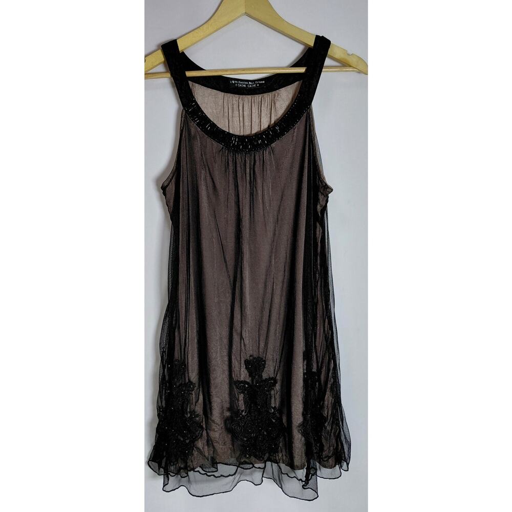 Y2K Cache Cache Beaded Sheer Black Dress Knee Length Women Size 4